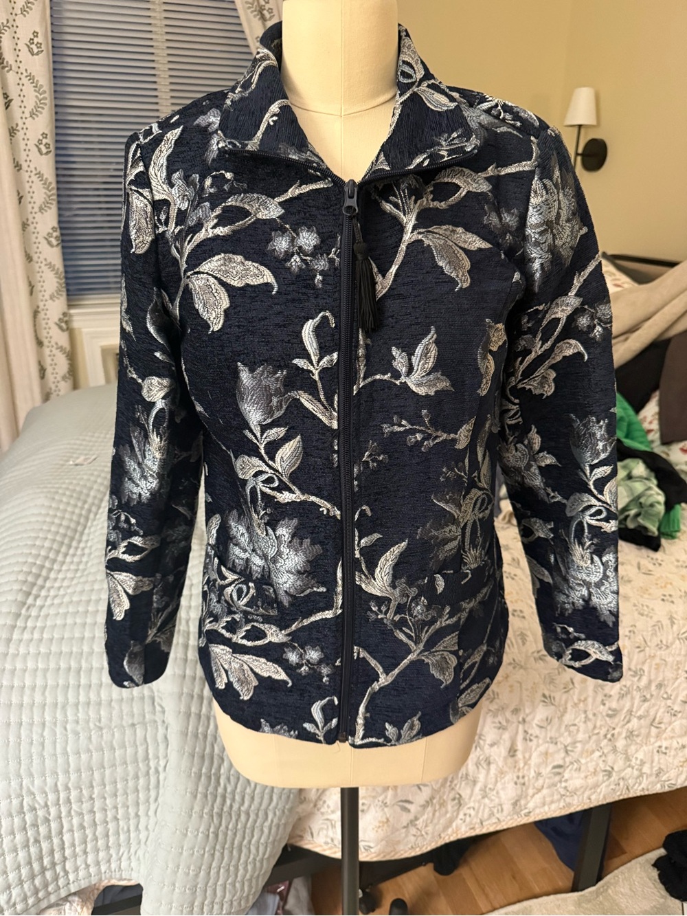 Navy Floral Tapestry Vintage Zip-Front Jacket